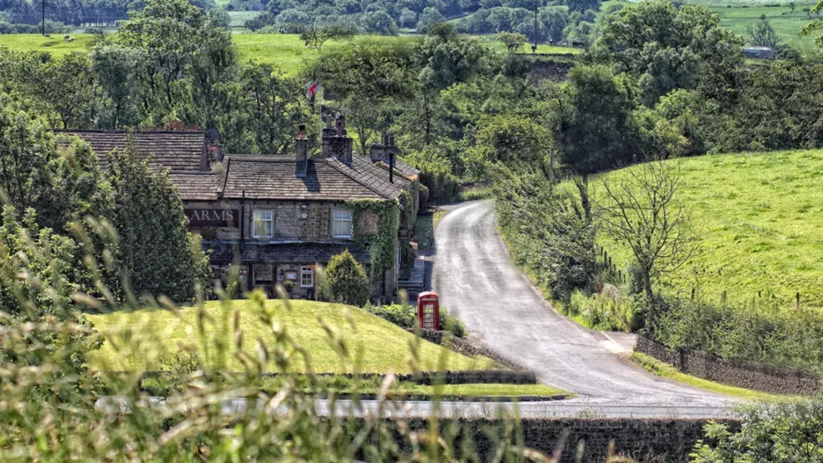 The Tempest Arms and the surrounding Yorkshire countryside in Elslack